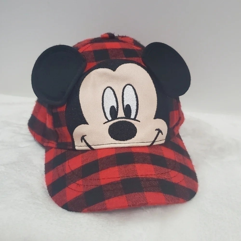 DISNEY Mickey Mouse Red Black Buffalo Check Plaid Baseball Hat Cap Toddler Size